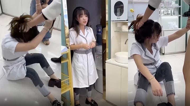 化妆品店小三被扒衣露奶，当街骑乘狂干骚穴